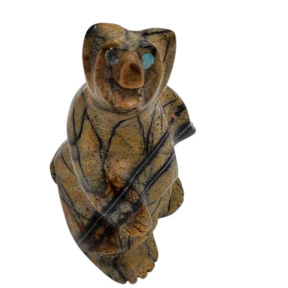 Native American Zuni Bear Fetish Picasso Marble Stone Turquoise Inlay Signed - Picture 2 of 16